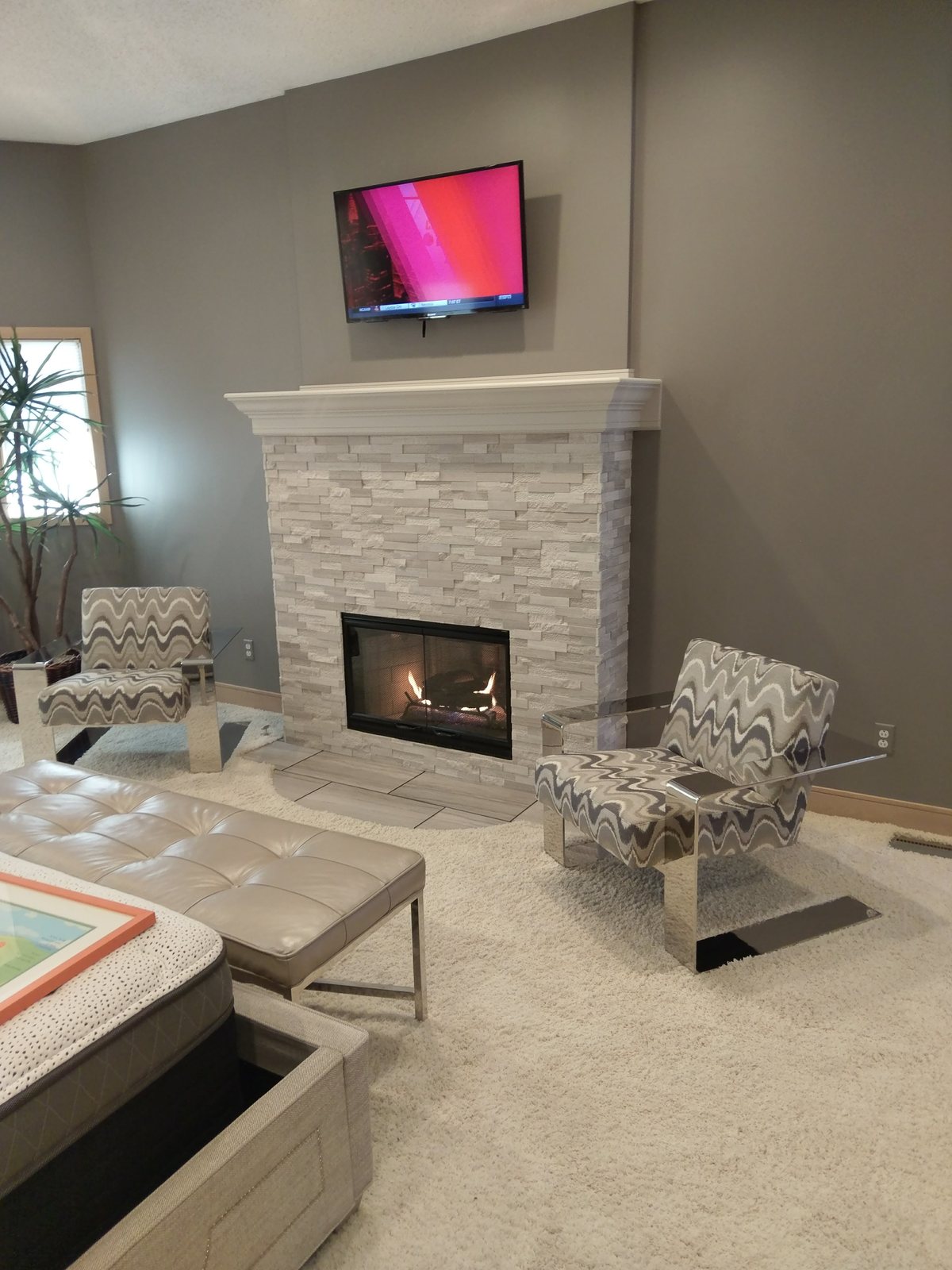 Stacked-stone fireplace